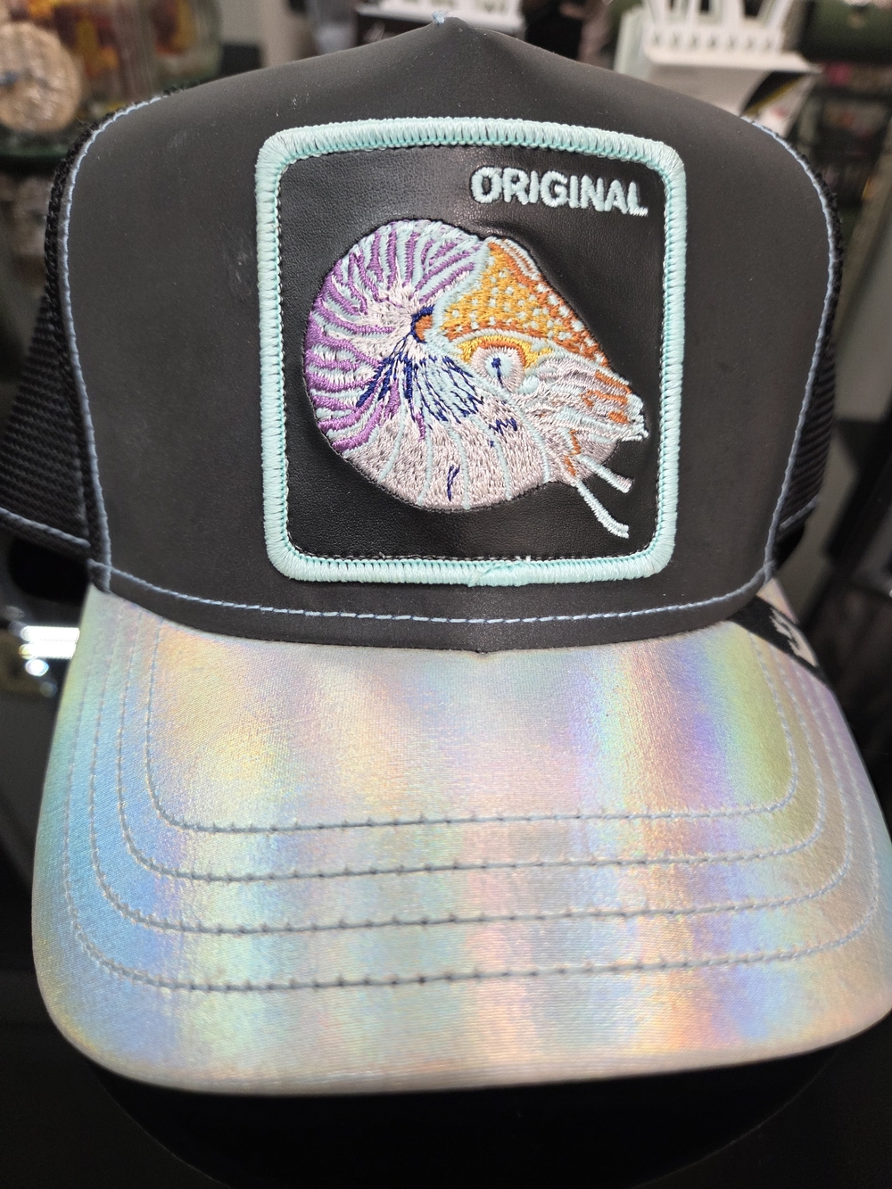 Black Trucker Hat with Iridescent Silver Brim -